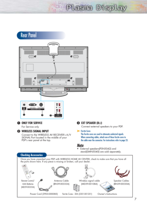 Page 77
Rear Panel
Checking Accessories
Remote Control/
AAA Batteries
(MD59-00355A)Antenna Cable
(BN39-00333A)Wireless signal cable
(MD39-00108A)
Power Cord (3903-000085) Owner’s Instructions
Ferrite Cores : 2EA (3301-001201) 
Once you have unpacked your PDP with WIRELESS HOME AV CENTER, check to make sure that you have all
the parts shown here. If any piece is missing or broken, call your dealer. 
ŒONLY FOR SERVICE
For Service only
´WIRELESS SIGNAL INPUT
Connect to the WIRELESS AV RECEIVER’s A/V 
SIGNAL Port...