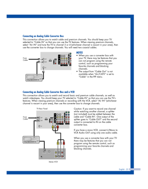 Page 23English - 23
Connecting an Analog Cable Converter Box
This connection allows you to watch cable and premium channels. You should keep your TV
selected to “Cable IN” so that you can use the TV features. When viewing premium channels,
select “Air IN” and tune the TV to channel 3 or 4 (whichever channel is vacant in your area), then
use the converter box to change channels. You will need two coaxial cables.
NOTES
•When you use a converter box with
your TV, there may be features that you
can not program...