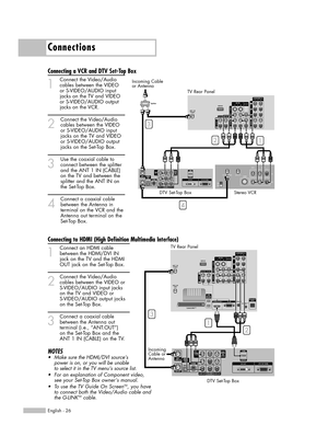 Page 26Connecting a VCR and DTV Set-Top Box
1
Connect the Video/Audio
cables between the VIDEO 
or S-VIDEO/AUDIO input
jacks on the TV and VIDEO 
or S-VIDEO/AUDIO output 
jacks on the VCR.
2
Connect the Video/Audio
cables between the VIDEO 
or S-VIDEO/AUDIO input
jacks on the TV and VIDEO 
or S-VIDEO/AUDIO output 
jacks on the Set-Top Box.
3
Use the coaxial cable to 
connect between the splitter 
and the ANT 1 IN (CABLE) 
on the TV and between the 
splitter and the ANT IN on 
the Set-Top Box.
4
Connect a...