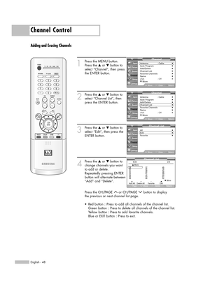 Page 48Channel Control
English - 48
Adding and Erasing Channels
1
Press the MENU button.
Press the …or †button to
select “Channel”, then press
the ENTER button.
2
Press the …or †button to
select “Channel List”, then
press the ENTER button.
3
Press the …or †button to
select “Edit”, then press the
ENTER button. 
4
Press the …or †button to
change channels you want 
to add or delete.
Repeatedly pressing ENTER
button will alternate between
“Add” and “Delete”.
Press the CH/PAGE  or CH/PAGE  button to display 
the...