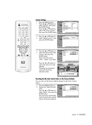 Page 61English - 61
Custom Settings
1Press the MENU button.
Press the …or †button to
select “Picture”, then press
the ENTER button.
Press the …or †button to
select “My Color Control”,
then press the ENTER button.
2
Press the …or †button to
select “Detail Control”, then
press the ENTER button.
3
Press the …or †button to
select the desired My Color
Control, then press the
ENTER button.
There are three colors:
“Pink”, “Green” and “Blue”.
Press the œor √button to
adjust the value of a color
selected.
Changing the...