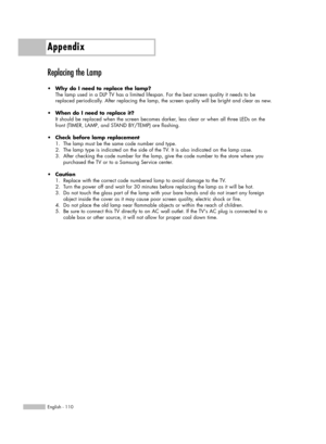 Page 110Appendix
English - 110
Replacing the Lamp
•Why do I need to replace the lamp?
The lamp used in a DLP TV has a limited lifespan. For the best screen quality it needs to be 
replaced periodically. After replacing the lamp, the screen quality will be bright and clear as new.
•When do I need to replace it?
It should be replaced when the screen becomes darker, less clear or when all three LEDs on the
front (TIMER, LAMP, and STAND BY/TEMP) are flashing. 
•Check before lamp replacement 
1. The lamp must be the...