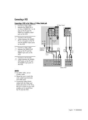 Page 19English - 19
Connecting a VCR
Connecting a VCR to the Video or S-Video/Audio jack
1
Connect a video cable
between the VIDEO IN (1   
or 2) (or S-VIDEO IN 1 or 2)
jack on the TV and the
VIDEO (or S-VIDEO)output
jack on the VCR.
2
Connect a set of audio
cables between the AUDIO
IN (1 or 2) jacks on the TV
and the AUDIO output jacks
on the VCR.
3
Connect a video cable
between the VIDEO OUT 
jack on the TV and the 
VIDEO input jack on the 
VCR.
4
Connect a set of audio
cables between the AUDIO 
OUT jacks on...