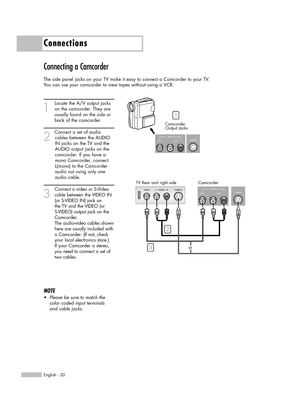 Page 20Connections
English - 20
Connecting a Camcorder
The side panel jacks on your TV make it easy to connect a Camcorder to your TV.
You can use your camcorder to view tapes without using a VCR.
1
Locate the A/V output jacks
on the camcorder. They are
usually found on the side or
back of the camcorder.
2
Connect a set of audio
cables between the AUDIO 
IN jacks on the TV and the 
AUDIO output jacks on the
camcorder. If you have a
mono Camcorder, connect
L(mono) to the Camcorder
audio out using only one
audio...