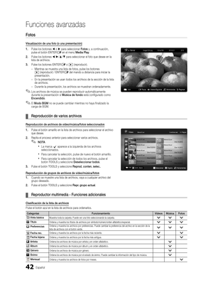 Page 10842Español
Funciones avanzadas
Fotos
Visualización de una foto (o una presentación)
1. Pulse los botones ◄ o ► para seleccionar Fotos y, a continuación, 
pulse el botón ENTER
E en el menú Media Play.
2.   Pulse los botones ◄/►/▲/▼ para seleccionar el foto que desee en la 
lista de archivos.
3.  Pulse los botones ENTER
E o � (reproducir).
 
– Mientras se muestra una lista de fotos, pulse los botones  
� (reproducir) / ENTERE del mando a distancia para iniciar la 
presentación.
 
– En la presentación se...