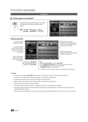 Page 11448Español
Funciones avanzadas
Internet@TV
 
¦ Primeros pasos con Internet@TV
Pantalla de visualización
 
✎NOTA
 
xConfigure la red mediante Internet@T V . Para obtener más información, consulte “Conexión de la red” (pág. 30).
 
xLas fuentes no admitidas del contenido del proveedor no se mostrarán correctamente.
 
xPuede haber respuestas lentas e interrupciones según el estado de la red.
 
xSegún la región, quizás sólo se admita el idioma inglés en los servicios de la aplicación.
 
xEsta función no está...