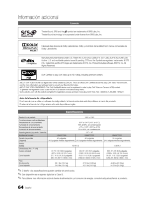 Page 13064Español
Información adicional
Licencia
TheaterSound, SRS and the  symbol are trademarks of SRS Labs, Inc.
TheaterSound technology is incorporated under license from SRS Labs, Inc.
Fabricado bajo licencia de Dolby Laboratories. Dolby y el símbolo de \
la doble D son marcas comerciales de 
Dolby Laboratories.
Manufactured under license under U.S. Patent #’s: 5,451,942; 5,956,674; 5,974,380; 5,978,762; 6,487,535 
& other U.S. and worldwide patents issued & pending. DTS and the Symbol \
are registered...