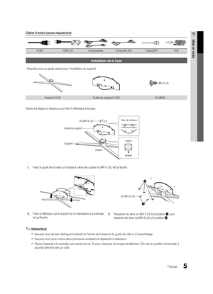 Page 1375
01Mise en route
Français
Installation de la base
Reportez-vous au guide séparé pour l'installation du support.
s s
s
s
s
Support (1EA)
Guide du support (1EA) Vis (9EA)
Suivez les étapes ci-dessous pour fixer le téléviseur à la\
 base.
1.  Fixez le guide de la base sur la base à l'aide des quatre vis (M4 X L8), tel qu'illustré.
s
s s
s
ss
2.  Fixez le téléviseur sur le support en le maintenant à la vertic\
ale, 
tel qu'illustré. 3. 
Resserrez les deux vis (M4 X L8) à la position 1, puis...