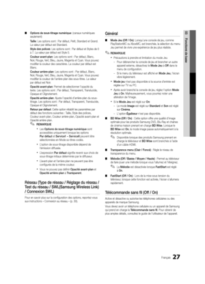 Page 15927Français
03Fonctions de base 
■ Options de sous-titrage numérique: (canaux numériques 
seulement)
Taille: Les options sont : Par défaut, Petit, Standard et Grand. 
La valeur par défaut est Standard.
Style des polices: Les options sont : Par défaut et Styles de 0 
à 7. La valeur par défaut est Style 0.
Couleur avant-plan: Les options sont : Par défaut, Blanc, 
Noir, Rouge, Vert, Bleu, Jaune, Magenta et Cyan. Vous pouvez 
modifier la couleur des caractères. La couleur par défaut est 
Blanc.
Couleur...