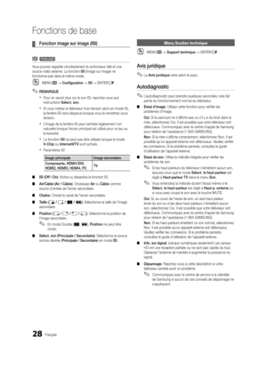 Page 16028Français
Fonctions de base
 
¦ Fonction image sur image (ISI)
ISI t
Vous pouvez regarder simultanément le syntoniseur télé et une 
source vidéo externe. La fonction ISI (Image sur Image) ne 
fonctionne pas dans le même mode. 
 
OMENUm → Configuration → ISI → ENTERE
 
✎REMARQUE
 
xPour en savoir plus sur le son ISI, reportez-vous aux 
instructions Sélect. son .
 
xSi vous mettez le téléviseur hors tension alors en mode ISI, 
la fenêtre ISI sera disparue lorsque vous le remettrez sous 
tension....