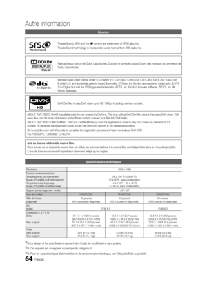 Page 19664Français
Autre information
Licence
TheaterSound, SRS and the  symbol are trademarks of SRS Labs, Inc.
TheaterSound technology is incorporated under license from SRS Labs, Inc.
 
Fabriqué sous licence de Dolby Laboratories. Dolby et le symbole doub\
le D sont des marques de commerce de 
Dolby Laboratories.
Manufactured under license under U.S. Patent #’s: 5,451,942; 5,956,674; 5,974,380; 5,978,762; 6,487,535 
& other U.S. and worldwide patents issued & pending. DTS and the Symbol \
are registered...