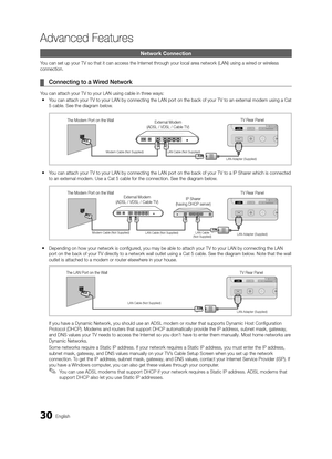 Page 3030English
Advanced Features
Advanced Features
Network Connection
You can set up your TV so that it can access the Internet through your local area network (LAN) using a wired or wireless 
connection.
 
¦ Connecting to a Wired Network
You can attach your TV to your LAN using cable in three ways:
 
y You can attach your TV to your LAN by connecting the LAN port on the back\
 of your TV to an external modem using a Cat 
5 cable. See the diagram below.
 
y You can attach your TV to your LAN by connecting the...