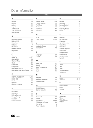 Page 6666English
Other Information
Index
A
AllShare 55
Amplify  22
Antenna  14
Anynet+  44
AUDIO OUT   11
Auto Adjustment  22
Auto Volume  23
B
Background Music 43
Balance L/R  22
Basic View  42
Batteries  7
Black Tone  17
Blanking Bracket   58
Brightness  16
C
Cable Tie  4, 57
Change PIN  26
Channel Menu  14
Clock  24
Color Tone  18
Component  10
Connecting to a PC  12
Connecting to an Audio Device  11
D
DIGITAL AUDIO OUT 11, 44
DivX® VOD  43
D-sub  12
Dynamic  16
Dynamic Contrast  17
E
Eco Sensor 16
Edit Name...