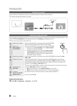 Page 748
Introducción
Español
Conexión de una antena
Cuando el televisor se enciende por primera vez, los parámetros básicos se inician de forma automática.
 
✎Conexión del cable de alimentación y la antena. 
Plug & Play (configuración inicial)
Cuando el televisor se enciende por primera vez, una secuencia de indica\
ciones en pantalla permite configurar los parámetros básicos. Pulse 
el botón POWERP. Plug & Play sólo está disponible cuando la fuente Entrada está configurada como TV.
 
✎Para volver al paso...