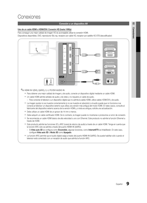 Page 759Español
02Conexiones
Conexiones
Conexión a un dispositivo AV
Uso de un cable HDMI o HDMI/DVI: Conexión HD (hasta 1080p)
Para conseguir una mejor calidad de imagen HD es aconsejable utilizar la\
 conexión HDMI.
Dispositivos disponibles: DVD, reproductor Blu-ray, receptor por cable HD, receptor por satélite HD STB (decodificador)
 
✎HDMI IN 1(DVI), 2(ARC), 3, 4, PC/DVI AUDIO IN
 
xPara obtener una mejor calidad de imagen y de audio, conecte un dispositivo digital mediante un cable HDMI.
 
xUn cable HDMI...