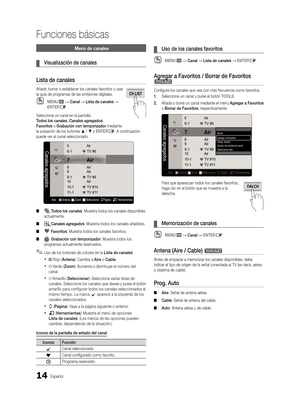 Page 8014Español
Funciones básicas
 Menú de canales
 
¦ Visualización de canales
Lista de canales
Añadir, borrar o establecer los canales favoritos y usar 
la guía de programas de las emisiones digitales. 
 
OMENUm → Canal → Lista de canales → 
ENTERE
Seleccione un canal en la pantalla  
Todos los canales, Canales agregados, 
Favoritos o Grabación con temporizador mediante 
la pulsación de los botones ▲ / ▼ y ENTER
E. A continuación 
puede ver el canal seleccionado.
 
■
Todos los canales: Muestra todos los...