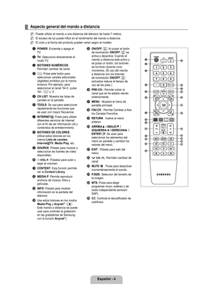 Page 110
Español - 4

Aspecto general del mando a distancia
Puede utilizar el mando a una distancia del televisor de hasta 7 metros.\
El exceso de luz puede influir en el rendimiento del mando a distancia.
El color y la forma del producto pueden variar según el modelo.
1 POWER: Enciende o apaga el TV.
2 TV: Selecciona directamente el modo TV.
3 BOTONES NUMÉRICOS: Permiten cambiar de canal.
4 _: Pulse este botón para seleccionar canales adicionales (digitales) emitidos por la misma emisora. Por ejemplo, para...