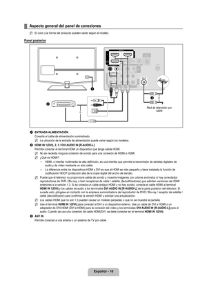 Page 116
Español - 10

Aspecto general del panel de conexiones
El color y la forma del producto pueden variar según el modelo.
Panel posterior
1 ENTRADA ALIMENTACIÓN
Conecta el cable de alimentación suministrado. 
La ubicación de la entrada de alimentación puede variar según l\
os modelos.
2 HDMI IN 1(DVI), 2,  / DVI AUDIO IN [R-AUDIO-L]
Permite conectar al terminal HDMI un dispositivo que tenga salida HDMI.
No se necesita ninguna conexión de sonido para una conexión de HDMI a HDMI . 
¿Qué es HDMI?
HDMI, o...