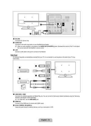 Page 14
English - 12

    
8 EX-LINK
Connector for service only.
9 AUDIO OUT
Connects to the audio input jacks on your Amplifier/Home theater.
When an audio amplifier is connected to the AUDIO OUT [R-AUDIO-L] jacks: Decrease the volume of the TV and adjust the volume level with the Amplifier’s volume control.
0 LAN
Connect a LAN cable to this port to connect to the Network.
Side Panel 
For devices frequently connected/disconnected from your TV, it is convenient to use the jacks on the side of your TV (e.g....