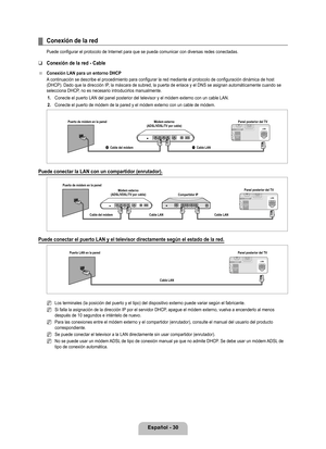 Page 136
Español - 0

Conexión de la red
Puede configurar el protocolo de Internet para que se pueda comunicar co\
n diversas redes conectadas.
Conexión de la red - Cable
Conexión LAN para un entorno DHCP
A continuación se describe el procedimiento para configurar la red med\
iante el protocolo de configuración dinámica de host (DHCP). Dado que la dirección IP, la máscara de subred, la puerta de enlace y el DNS se asignan automáticamente cuando se selecciona DHCP, no es necesario introducirlos...