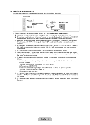 Page 138
Español - 2

Conexión con la red - Inalámbrica
Es posible conectar a la red de manera inalámbrica a través de un \
compartidor IP inalámbrico.
1. Conecte el ‘adaptador de LAN inalámbrica de Samsung’ en el terminal USB1(HDD) o USB2 del televisor.
Para utilizar una red inalámbrica necesita el ‘adaptador de LAN inalámbrica de Samsung’ (WIS09ABGN).
El ‘adaptador de LAN inalámbrica de Samsung’ se vende por separado. El adaptador de LAN inalámbrica WIS09ABGN se ofrece a través de distribuidores...