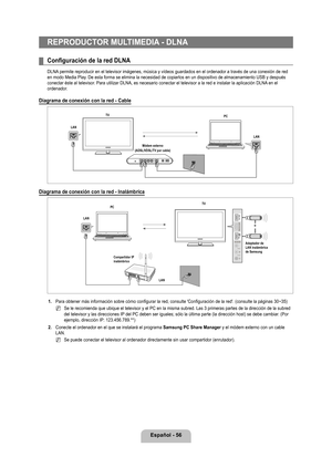 Page 162
Español - 6

REPRODUCTOR MULTIMEDIA - DLNA
Configuración de la red DLNA
DLNA permite reproducir en el televisor imágenes, música y vídeos guardados en el ordenador a través de una conexión de red en modo Media Play. De esta forma se elimina la necesidad de copiarlos en un dispositivo de almacenamiento USB y después conectar éste al televisor. Para utilizar DLNA, es necesario conectar el televisor a la red e instalar la aplicación DLNA en el ordenador.
Diagrama de conexión con la red - Cable...