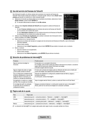 Page 182
Español - 76
Uso del servicio de finanzas de Yahoo!®
Vea información bursátil y los últimos valores de la acciones co\
n el servicio de finanzas de Yahoo!®. Pulse el botón verde para configurar su mercado bursáti\
l. Utilice el menú Añadir nuevo símbolo para escribir el nombre de un nuevo mercado bursátil.
Seleccione el mercado que desee añadir en los resultados encontrados,\
 seleccione el menú Añadir símbolo y pulse el botón ENTERE.
El mercado seleccionado se añade a la lista Mis valores.
Utilice el...