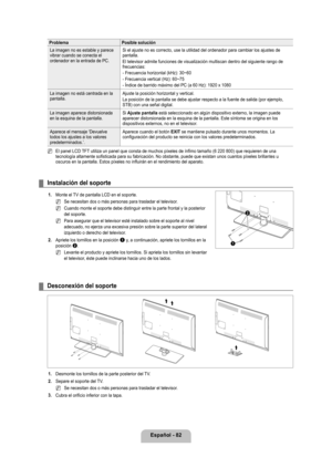 Page 188
Español - 82

ProblemaPosible solución
La imagen no es estable y parece vibrar cuando se conecta el ordenador en la entrada de PC.
Si el ajuste no es correcto, use la utilidad del ordenador para cambiar \
los ajustes de pantalla.
El televisor admite funciones de visualización multiscan dentro del s\
iguiente rango de frecuencias:
- Frecuencia horizontal (kHz): 30~60
- Frecuencia vertical (Hz): 60~75
- Índice de barrido máximo del PC (a 60 Hz): 1920 x 1080
La imagen no está centrada en la pantalla.Ajuste...