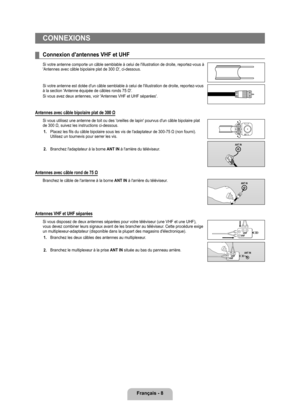 Page 207
français - 8

CONNExIONS
Connexion d'antennes vhf et Uhf
Si votre antenne comporte un câble semblable à celui de l'illustra\
tion de droite, reportez-vous à 'Antennes avec câble bipolaire plat de 300 Ω', ci-dessous.
Si votre antenne est dotée d'un câble semblable à celui de l'il\
lustration de droite, reportez-vous à la section 'Antenne équipée de câbles ronds 75 Ω'.
Si vous avez deux antennes, voir 'Antennes VHF et UHF séparées'.
Antennes avec câble bipolaire...