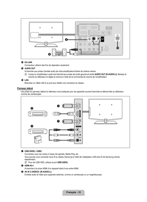 Page 211
français - 12

    
8 Ex-LINK
Connecteur utilisé à des fins de réparation seulement.
9 AUDIO OUT
À brancher aux prises d’entrée audio de votre amplificateur/cha\
îne de cinéma maison.
Lorsqu’un amplificateur audio est branché aux prises de sortie gau\
che et droite AUDIO OUT [R-AUDIO-L]: Baissez le volume du téléviseur et réglez le volume à l’aide de la c\
ommande de volume de l’amplificateur.
0 LAN
Branchez un câble LAN à ce port pour établir une connexion au r\
éseau.
Panneau latéral 
Les prises du...