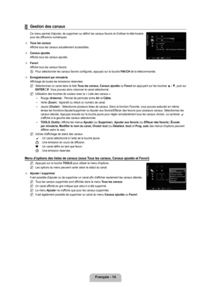 Page 213
français - 14

Gestion des canaux
Ce menu permet d'ajouter, de supprimer ou définir les canaux favoris et d'utiliser le télé-horaire pour les diffusions numériques.
Tous les canaux
Affiche tous les canaux actuellement accessibles.
Canaux ajoutés
Affiche tous les canaux ajoutés.
favori
Affiche tous les canaux favoris.
Pour sélectionner les canaux favoris configurés, appuyez sur la to\
uche fA v.Ch de la télécommande.
Enregistrement par minuterie
Affichage de toutes les émissions réservées....