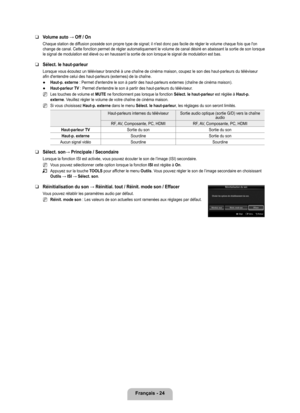 Page 223
français - 24

Volume auto → Off / On
Chaque station de diffusion possède son propre type de signal; il n'est donc pas facile de régler le volume chaque fois que l'on change de canal. Cette fonction permet de régler automatiquement le v\
olume de canal désiré en abaissant la sortie de son lorsque le signal de modulation est élevé ou en haussant la sortie de son \
lorsque le signal de modulation est bas.
Sélect. le haut-parleur
Lorsque vous écoutez un téléviseur branché à une chaîn\
e de cinéma...