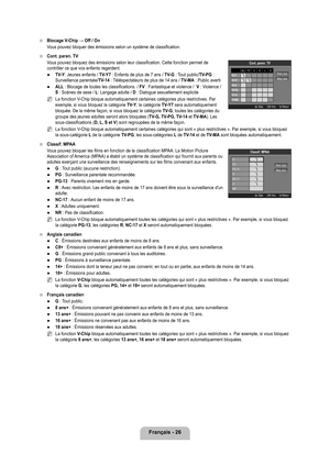 Page 225
français - 26

Blocage V-Chip → Off / On
Vous pouvez bloquer des émissions selon un système de classificatio\
n.
Cont. paren. Tv
Vous pouvez bloquez des émissions selon leur classification. Cette fon\
ction permet de contrôler ce que vos enfants regardent.
Tv-y: Jeunes enfants / Tv-y7 : Enfants de plus de 7 ans / Tv-G : Tout public/Tv-PG : Surveillance parentale/Tv-14 : Téléspectateurs de plus de 14 ans / Tv-MA : Public averti
ALL : Blocage de toutes les classifications. / fv : Fantastique et violence /...