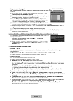 Page 226
français - 27

Catég. américaine téléchargeable
Il est possible d’utiliser de l’information sur le contrôle par\
ental tout en regardant des canaux numériques. 
Si l’information n’est pas téléchargée à partir de la \
station de radiodiffusion, le menu Catég. américaine téléchargeable est désactivé.
L'information sur le contrôle parental est téléchargée autom\
atiquement lorsqu'on regarde des canaux numériques. Cela peut prendre plusieurs secondes.
Le menu Catég. américaine téléchargeable est...