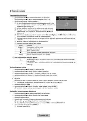 Page 248
français - 49

Lecture musicale
Lecture d’un fichier musical
1. Appuyez sur la touche ▼ pour sélectionner la section Liste des fichiers.
2. 
Appuyez sur la touche ◄ ou ► pour sélectionner le fichier musical à lire.
. 
Appuyez sur la touche ∂ (Lecture)/ENTERE.
Ce menu affiche uniquement les fichiers pourvus d’une extension MP3. Les fichiers comportant d’autres extensions ne sont pas affichés, même s’ils sont sauvegardés sur le dispositif USB.
Le fichier sélectionné est affiché en tête de liste avec...