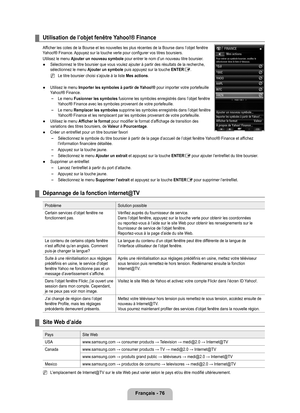 Page 275
français - 76
Utilisation de l’objet fenêtre yahoo!® finance
Afficher les cotes de la Bourse et les nouvelles les plus récentes de l\
a Bourse dans l’objet fenêtre Yahoo!® Finance. Appuyez sur la touche verte pour configurer vos titres boursiers.
Utilisez le menu Ajouter un nouveau symbole pour entrer le nom d’un nouveau titre boursier.
Sélectionnez le titre boursier que vous voulez ajouter à partir de\
s résultats de la recherche, sélectionnez le menu Ajouter un symbole puis appuyez sur la touche...