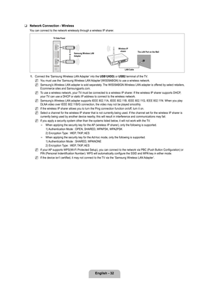 Page 34
English - 2

Network Connection - Wireless
You can connect to the network wirelessly through a wireless IP sharer.
1. Connect the ‘Samsung Wireless LAN Adapter’ into the USB1(HDD) or USB2 terminal of the TV.
You must use the ‘Samsung Wireless LAN Adapter’(WIS09ABGN) to use a wireless network.
Samsung’s Wireless LAN adapter is sold separately. The WIS09ABGN Wireless LAN adapter is offered by select retailers, Ecommerce sites and Samsungparts.com.
To use a wireless network, your TV must be connected...