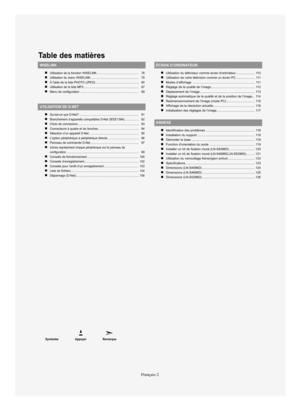 Page 130Table des matières
Français-2
Symboles Appuyer Remarque
WISELINK
Utilisation de la fonction WISELINK................................................... 78
Utilisation du menu WISELINK .......................................................... 79
À l'aide de la liste PHOTO (JPEG) .................................................... 80
Utilisation de la liste MP3................................................................... 87
Menu de configuration...