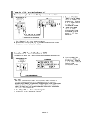 Page 14English-12
Connecting a DVD Player/Set-Top Box via DVI
This connection can only be made if there is a DVI Output connector on the external device.
1.Connect a DVI to HDMI
Cable or DVI-HDMI Adapter
between the HDMI/DVI IN 1
or HDMI/DVI IN 2 connector
on the TV and the DVI OUT
connector on the 
DVD player/Set-Top Box.
2.Connect Audio Cables
between the DVI IN 
[R-AUDIO-L] jack on the 
TV and the AUDIO OUT
jacks on the DVD player/
Set-Top Box.
DVD Player/Set-Top Box
TV Rear Panel
Audio Cable (Not supplied)...