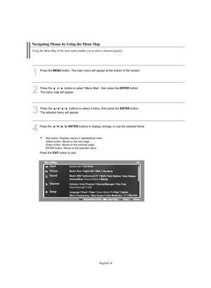 Page 20English-18
Navigating Menus by Using the Menu Map
Using the Menu Map of the main menu enables you to select a function quickly. 
1
Press the MENUbutton. The main menu will appear at the bottom of the screen.
2
Press the  or  button to select “Menu Map”, then press the ENTERbutton. 
The menu map will appear.
3
Press the  / / / buttons to select a menu, then press the ENTERbutton. 
The selected menu will appear.
4
Press the ////ENTERbuttons to display, change, or use the selected items.
Red button:...