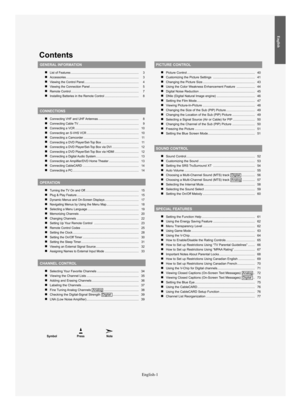 Page 3Symbol Press Note
Contents
GENERAL INFORMATION
List of Features ...................................................%................................ 3
Accessories ...................................................%...................................... 3
Viewing the Control Panel...................................................%................ 4
Viewing the Connection Panel ...................................................%......... 5
Remote Control...