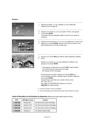 Page 212Français-84
1
Effectuez les étapes 1 à 3 de “l’utilisation du menu WISELINK”.
(Reportez-vous à la page 79)
2
Appuyez sur la touche ou pour passer à “Photo”, puis appuyez 
sur la touche 
ENTER.  
L’information fichier sauvegardée s’affiche sous forme d’un dossier ou 
d’unfichier.
3
Appuyez sur les touches  ,  ,  et  pour sélectionner un fichier, puis
appuyez sur la touche 
ENTER. Appuyez sur la touche au-dessus d’une
photo miniature pour la montrer en plein écran.
4
Appuyez sur la touche INFOpour afficher...