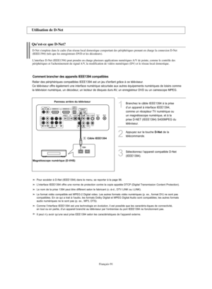 Page 219Français-91
Qu’est-ce que D-Net?
1Branchez le câble IEEE1394 à la prise 
d’un appareil à interface IEEE1394, 
comme un récepteur TV numérique ou 
un magnétoscope numérique, et à la 
prise D-NET (IEEE1394) S400MPEG du
téléviseur.
3Sélectionnez l’appareil compatible D-Net
(IEEE1394).
2
Appuyez sur la touche D-Netde la 
télécommande.
Utilisation de D-Net 
D-Net s'emploie dans le cadre d'un réseau local domestique comportant des périphériques prenant en charge la connexion D-Net
(IEEE1394) (tels que...