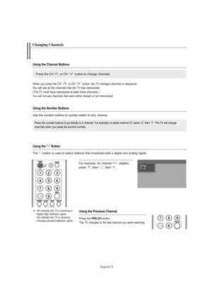 Page 24English-22
For example, for channel 7-1  (digital), 
press “7”, then “
-”, then “1”.
HD indicates the TV is receiving a 
Digital High Definition signal.
SD indicates the TV is receiving 
a Analog standard definition signal.
Changing Channels
Using the Channel Buttons
Using the Number Buttons
Using the Previous Channel
Press the CH or CH  button to change channels. 
Press the number buttons to go directly to a channel. For example, to select channel 27, press “2,” then “7.” The TV will change
channels...