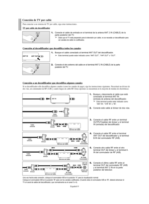 Page 263Español-9
Una vez hecha esta conexión, coloque el conmutador A/B en la posición “A” para la visualización normal. 
Coloque el conmutador A/B en la posición “B” para ver los canales codificados. (Cuando sitúe el conmutador A/B en “B”, deberá sintonizar el
TV al canal de salida del decodificador, que normalmente es el canal 3 o 4).
2.Conecte este cable al divisor de dos vías.
Divisor Cable
entrante
3.Conecte el cable RF entre un terminal
OUTPUT(salida) del divisor y el terminal
IN (entrada) del...