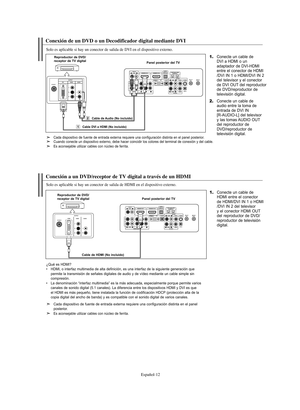 Page 266Español-12
Conexión de un DVD o un Decodificador digital mediante DVI
Solo es aplicable si hay un conector de salida de DVI en el dispositivo externo.
1.Conecte un cable de 
DVI a HDMI o un 
adaptador de DVI-HDMI 
entre el conector de HDMI
/DVI IN 1 o HDMI/DVI IN 2 
del  televisor y el conector 
de DVI OUT del reproductor
de DVD/reproductor de 
televisión digital.
2.Conecte un cable de
audio entre la toma de
entrada de DVI IN
[R-AUDIO-L] del televisor 
y las tomas AUDIO OUT
del reproductor de...