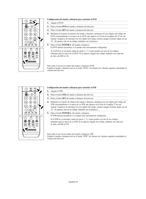 Page 278Español-24
Configuración del mando a distancia para controlar el DVD
1.Apague el DVD.
2.Pulse el botón DVD del mando a distancia del televisor.
3.Pulse el botón SETdel mando a distancia del televisor.
4.Mediante los botones de número del mando a distancia, introduzca los tres dígitos del código del
DVD correspondientes a la marca de su DVD, que aparece en la lista de la página 26~27 de este
manual. Asegúrese de introducir los tres dígitos del código, incluso aunque el primer dígito sea un
“0”. (Si...