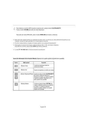 Page 342Español-88
Icono de información de la función Música (Aparece en la parte superior izquierda de la pantalla).
4
Para detener un archivo MP3 durante la reproducción, pulse el botón PLAY/PAUSE.
Pulse el botón 
STOPpara salir del modo Reproducir.
Para salir del modo WISELINK, pulse el botón 
WISELINKdel mando a distancia.
Este menú sólo muestra archivos con extensión de archivo mp3. Los archivos con otras extensiones de archivo no se 
muestran, aunque se hayan guardado en la misma tarjeta de memoria.
El...