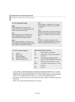 Page 70English-68
Important Notes About Parental Locks
Explanation of the MPAA and TV (FCC) Rating Systems:
TV (FCC) Age-Based Ratings
TV-MA
Mature audiences only. This program may  
contain mature themes, profane language, graphic 
violence and explicit sexual content.
TV-14
Parents strongly cautioned. This program may 
contain sophisticated themes, sexual content, 
strong language and more intense violence.
TV-PG
Parental guidance suggested. The program may 
contain infrequent coarse language, limited...