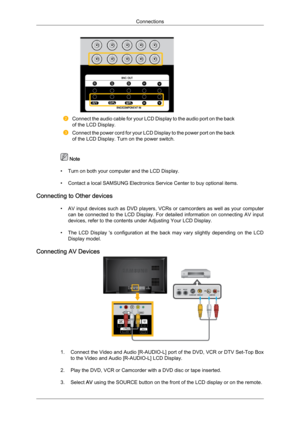 Page 22Connect the audio cable for your LCD Display to the audio port on the back
of the LCD Display.
Connect the power cord for your LCD Display to the power port on the back
of the LCD Display. Turn on the power switch.
 Note
• Turn on both your computer and the LCD Display.
•
Contact a local SAMSUNG Electronics Service Center to buy optional items.
Connecting to Other devices •AV input devices such as DVD players, VCRs or camcorders as well as your computer
can  be  connected  to  the  LCD  Display.  For...